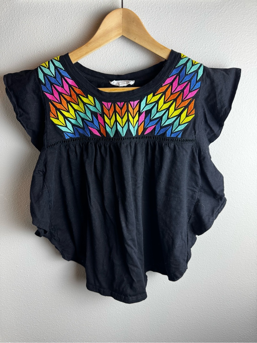THML Black Top with Rainbow Embroidered Yoke, Flutter Sleeves